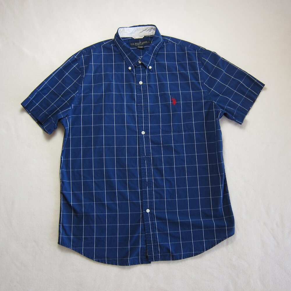U.S. Polo Assn Men's Shirt Checkered Blue/White Pocket Short Sleeve Buttons Sz L
